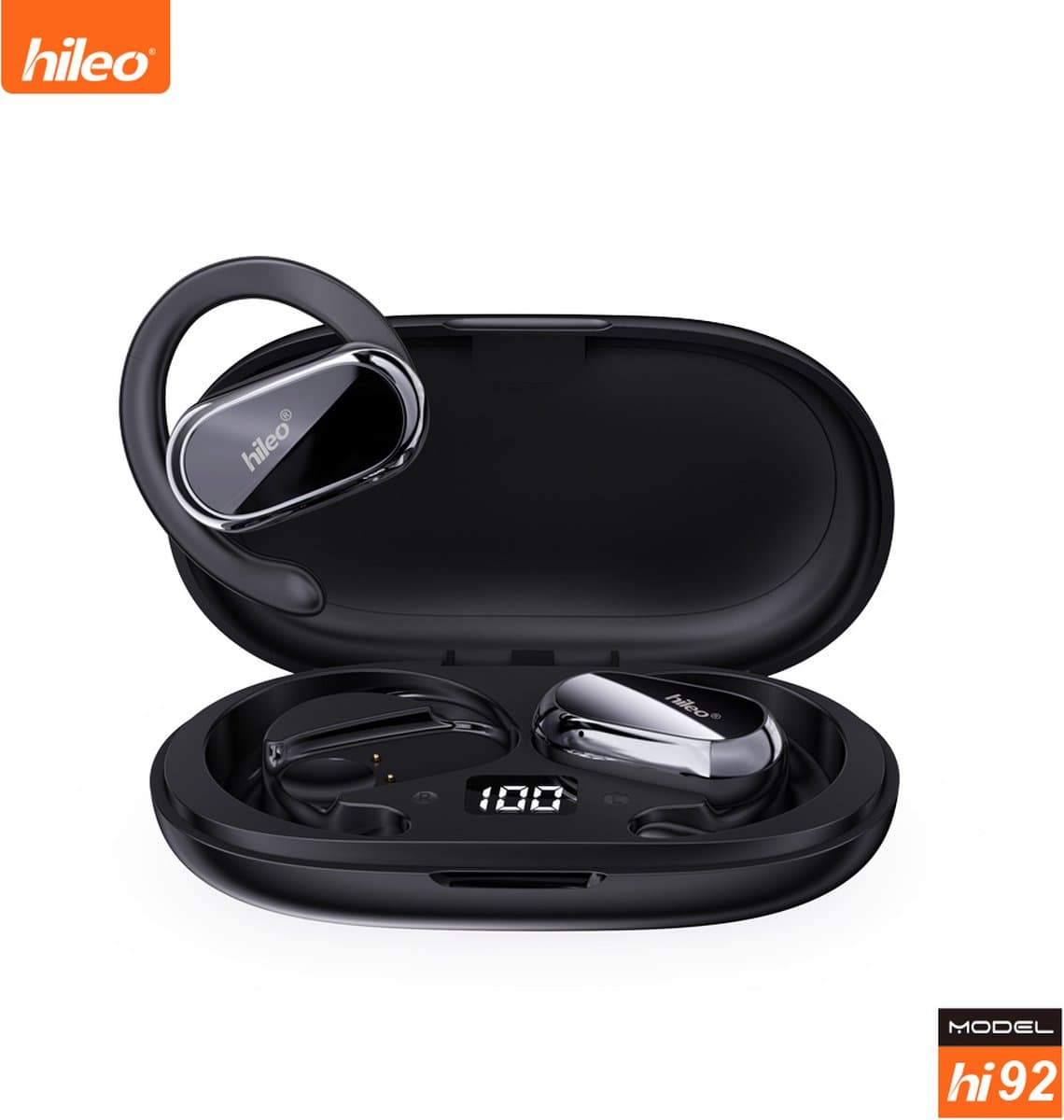 hileo hi92 - Draadloze Oordopjes met Oplaadcase – Zwart - Sport - Open-Ear - Bluetooth V5.3 oordopjes – Draadloze oortjes – Verstelbare oorhaken - Open Wearable Stereo – Geschikt voor IOS/Android — afbeelding 1