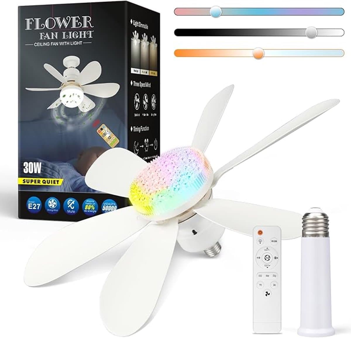 Verte Plafondventilator met lamp - afstandsbediening, 40 W - RGB kristallen afdekking - Stille Plafondventilator - 6 vleugels - Energy Label A+++ — afbeelding 1
