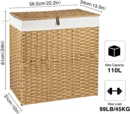 Wasmand - Kledingmand Rotan - Kleding sorteren - Met 2 vakken - 110L - Natuurlijk — thumbnail 5