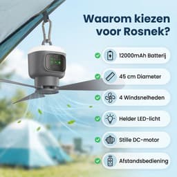 Rosnek Oplaadbare Campingventilator met Verlichting - 12000mAh Tent Ventilator Lamp - Afneembare Bladen - 45cm Draagbare Plafondventilator - Outdoor - Tent — thumbnail 5
