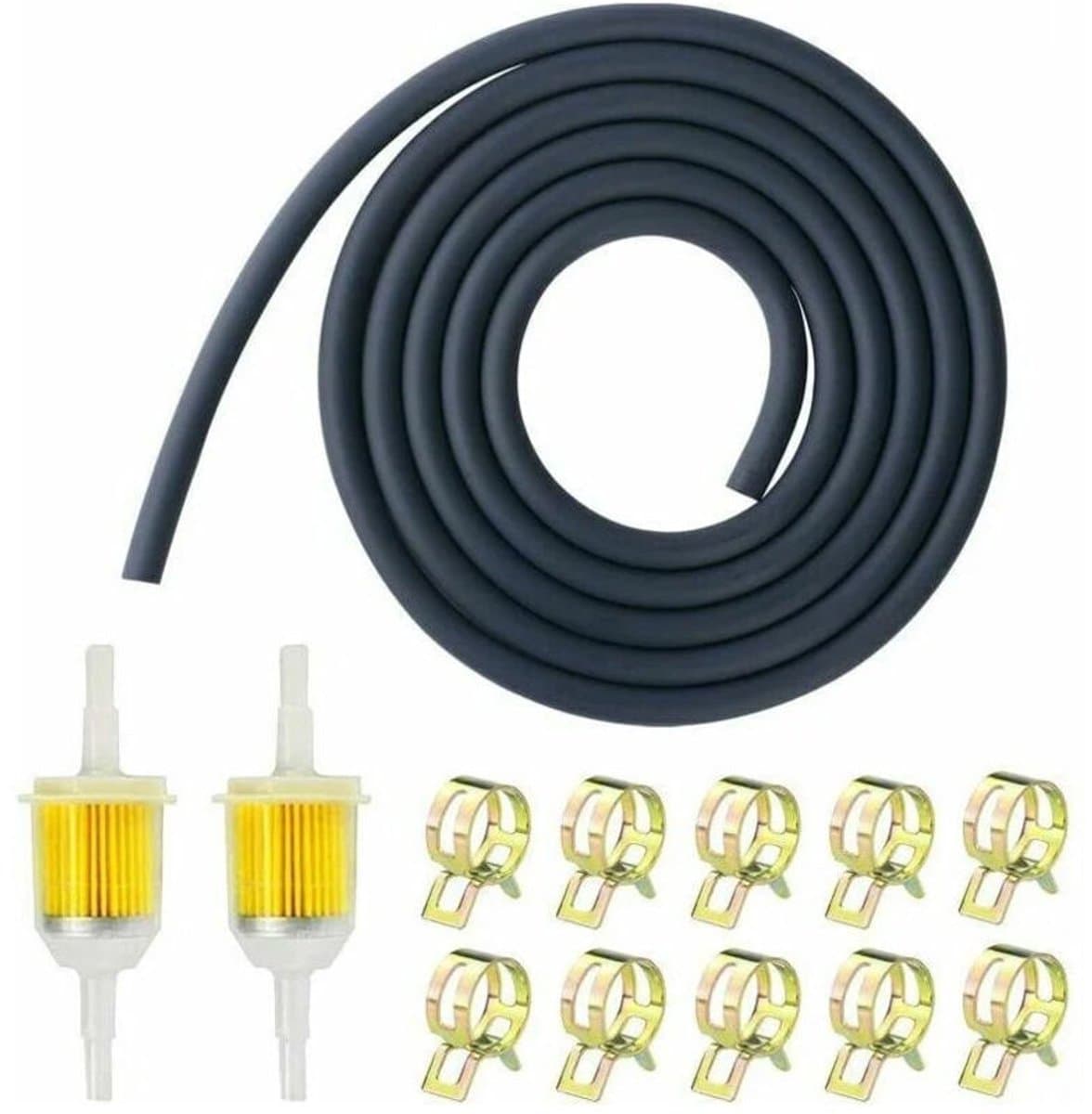 Brandstoffilterset voor motorfietsen, inclusief 2 dieselfilters, 2,8 m brandstofslang voor grasmaaiers en 10 slangklemmen geschikt voor scooters, motorfietsen, grasmaaiers en motoren. — afbeelding 1