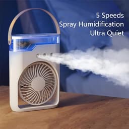 Aircooler - Ventilator - Draagbare vernevelingsventilator met verkoelende waternevel – Voorzien van 5 instelbare windsnelheden en nachtverlichting; de perfecte mini ventilator voor op kantoor, in de auto, thuis en daarbuiten (Wit) — thumbnail 2