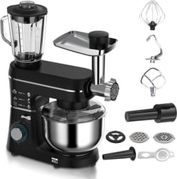 5-in-1 multifunctionele staande mixer, 1400W, 6 snelheden, kantelbare kop, vleesmolen, 10L roestvrijstalen kom, met deeghaak, mengklopper, garde, 1,5L sapbeker black — thumbnail 1