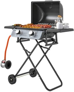 Gasbarbecue - Inklapbaar Gasbarbecue en Gasgrill - 2 Branders - Grillwagen - 5,6 kW - met Grillrooster, Wielen, Bijzettafels, Drukregelaar, Slangen, Thermometer - 101 x 50 x 102 cm - Zwart — thumbnail 3