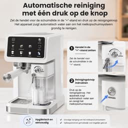 Velmio Velmio Espressomachine - 20 Bar – Koffiemachines - Met Melkopschuimer - Stoommachine - Automatische Melkopschuimer - Latte/Cappuccino/Heet Water - Zelfreinigend - Koffiezetapparaat - 1,5L Watertank - Wit — thumbnail 3