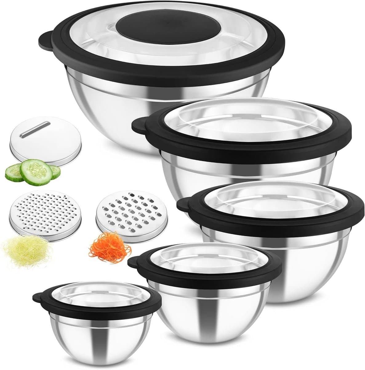 Mengkom set - Keukenbakken - Ingrediënten mengen - Met raspopzetstukken - 5 maten 4.6L - Zwart — afbeelding 1