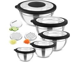 Mengkom set - Keukenbakken - Ingrediënten mengen - Met raspopzetstukken - 5 maten 4.6L - Zwart