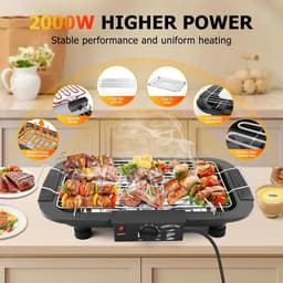 KZQ Elektrische Bbq Grill Rookvrij Met Anti Aanbaklaag Voor Binnen En Buiten - 2000w Dubbelbuis Hoog Vermogen Draagbare Afneembare Standaard Grill Voor Bbq Party - Zwart — thumbnail 2