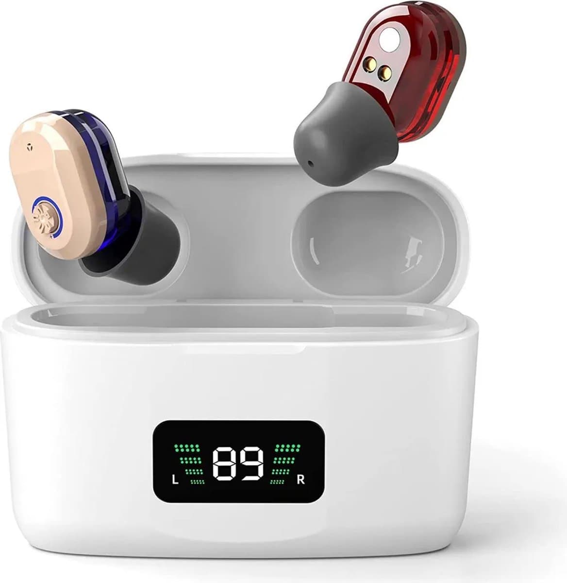 Oplaadbare hoortoestellen voor senioren, in-ear ontwerp, ruisonderdrukking, geluidsversterking, USB-interface, lange batterijduur, wit LED-display. — afbeelding 1
