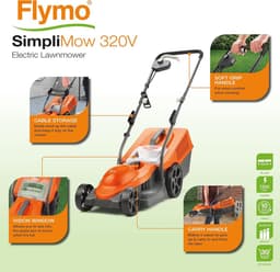 Flymo SimpliMow Elektrische grasmaaier met wielen, 320 V - 1300 W motor, 32 cm maaibreedte, 30 liter grasbak, softgrip-handgrepen, oranje/grijs — thumbnail 2