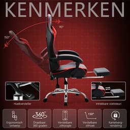 Gamingstoel / Ergonomische Bureaustoel - Kunstleer - Met Voetensteun, Hoofdsteun & Lendenkussen - Verstelbare Hoogte - 125 kg Draagvermogen — thumbnail 4