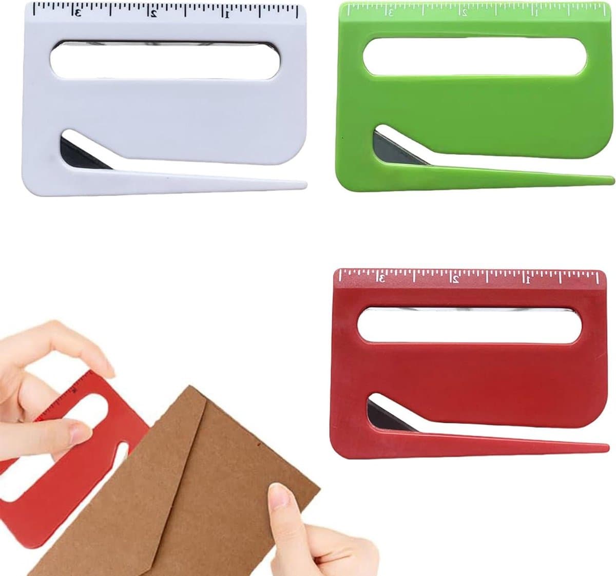 3-in-1 briefopener met liniaal en vergrootglas in rood, blauw en wit, ideaal voor efficiënt openen van post, snijden van papier en nauwkeurig meten — afbeelding 1