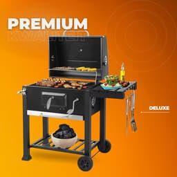 Houtskool grill op wieltjes - Voor 5 tot 10 personen - Houtskoolbarbecues - Briketten - Met deksel - Thuis of camping — thumbnail 3