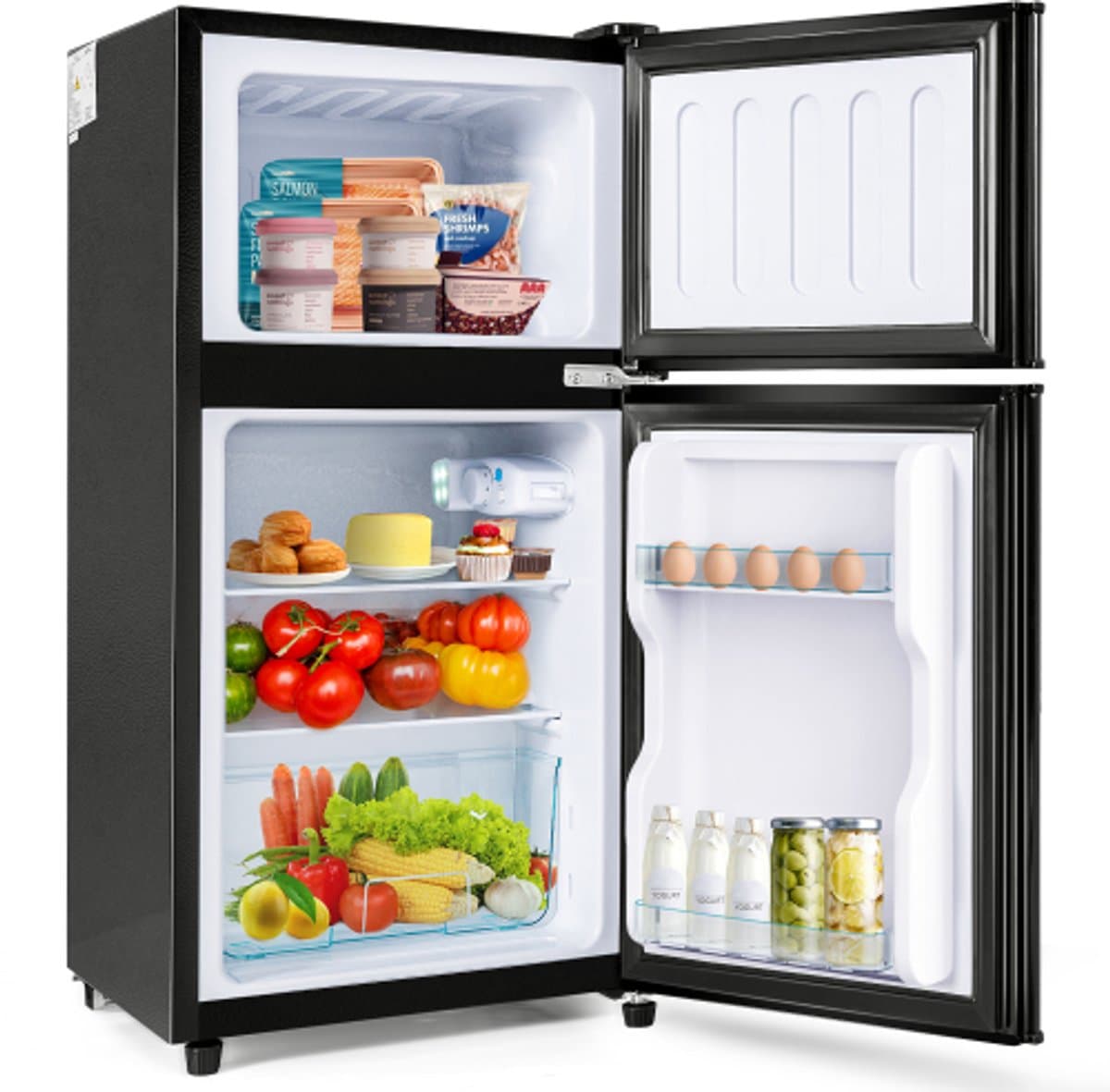 Cool en vriezercombinatie, 86,8 cm hoog, 45,5 cm breed, dubbele deur, met een totaal van 60 liter, 22 liter vriezervolume, 38 liter koelvolume. 102 kWh/jaar, LED -licht. Premium zwart [energieklasse e] — afbeelding 1