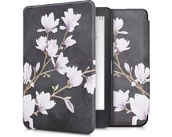 kwmobile e-reader hoesje geschikt voor Kobo Clara HD hoes - E reader flip case met magnetische sluiting - Ereader cover - Magnolia design in taupe / wit / donkergrijs