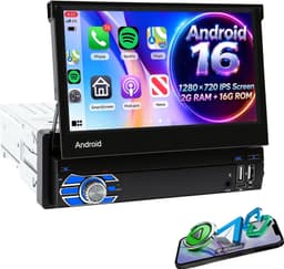 ESSGOO autoradio 1 din - Apple CarPlay & Android Auto (draadloos) - 7" HD touchscreen handmatig opvouwbaar scherm - Android 16, 2+32GB - GPS, wifi, USB, AUX — thumbnail 1