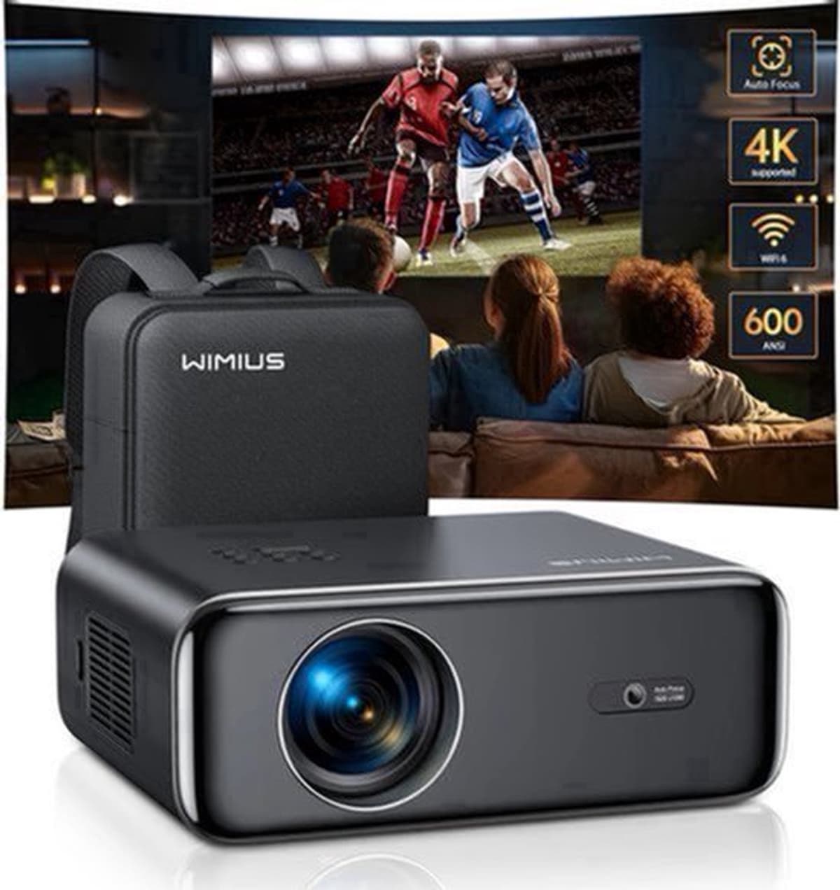 Wimius - Beamer - Projector Beamer - Projector 4k - 1080P - Automatische focus - met WiFi 6 en Bluetooth 5.2 - 600ANSI - Buiten- en thuisprojector - Zwart — afbeelding 1