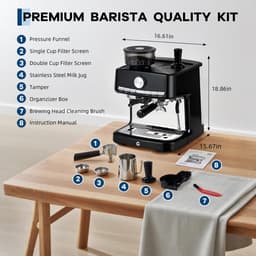 Kunststof Espressomachine met Bonenmaler en Porthouder - Melkopschuimer - 42x40x48cm - Halfautomatische Koffiemachine - 20 Bar Druk - 1.5L Watertank - Zwart — thumbnail 4