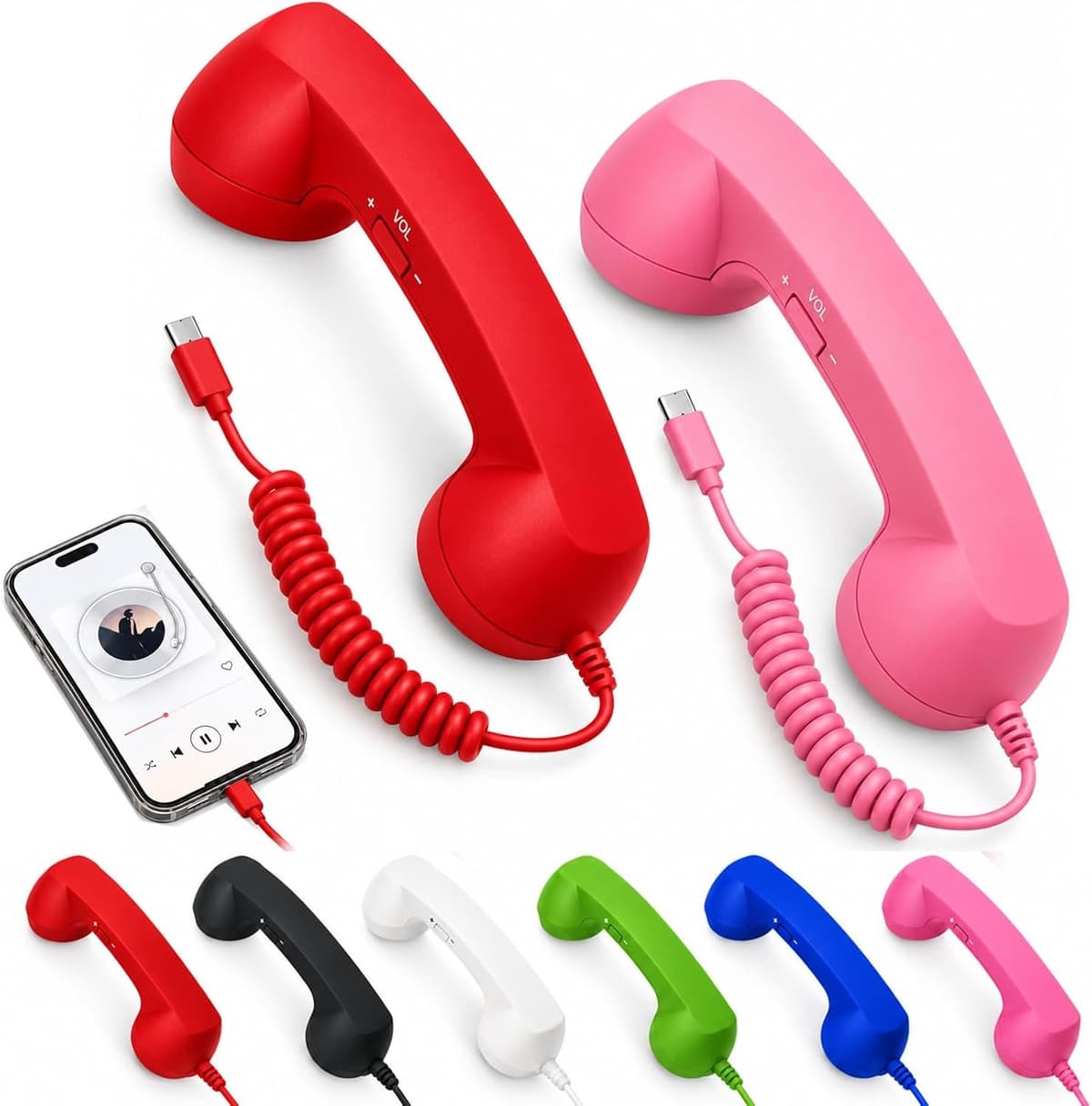 Retro Telefoonhoorn - USB-C Bedrade Handset met Microfoon - Geschikt voor iPhone & Android met USB-C - Vintage Telefoonhoorn voor Bellen, Videogesprekken & Vergaderingen - 2 Stuks - Rood & Roze — afbeelding 1