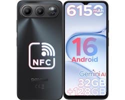 DOOGEE Note 60 - 4G Dual SIM Smartphone - Android 16 -32 GB RAM + 128 GB ROM / 2 TB TF - UNISOC T7225 - 6150 mAh - 8,5 mm ultraslank - 6,56 inch HD+ - 13 MP + 5 MP- NFC - Vingerafdruk - Gezichtsherkenning -Zwart
