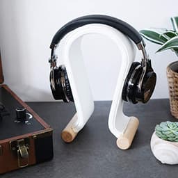 Hoofdtelefoonhouder met kunstleren bekleding - Universele stand met houten voeten - Minimalistisch ontwerp — thumbnail 2