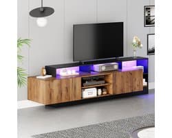 HAUSS SPOLE TV meubel - Modern TV-meubel met LED-verlichting, 2 Deuren en Open Opbergruimte - Voor televisies tot 70 inch - Voor woonkamer en slaapkamer - 190x40x48.5 cm - Spaanplaat - Houtkleur + Zwart