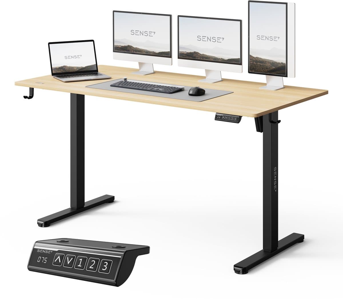 SENSE7 NOJO LIGHT - Zit Sta Bureau - 140 cm x 70 cm - Elektrisch bureau - Verstelbare bureau - Elektrische Hoogteverstelling - Hoogte 72-118 cm - Intelligent Bedieningspaneel - Lichtbruin-zwart — afbeelding 1