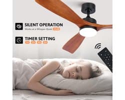 Plafondventilator met afstandsbediening - 132 cm Houten Ventilator met LED en Stille DC-motor voor Binnen en Buiten