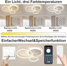 Dimbare Plafondlamp met Afstandsbediening - Moderne LED Kroonluchter met 3 Ringen — thumbnail 5