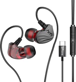 DrPhone Hi15 USB-C In-Ear Oordoppen met ingebouwde DAC - Dynamische BASS - Oortelefoon met microfoon - Oorhaak Design - Passief ruisonderdrukking - Grijs/Zwart — thumbnail 1