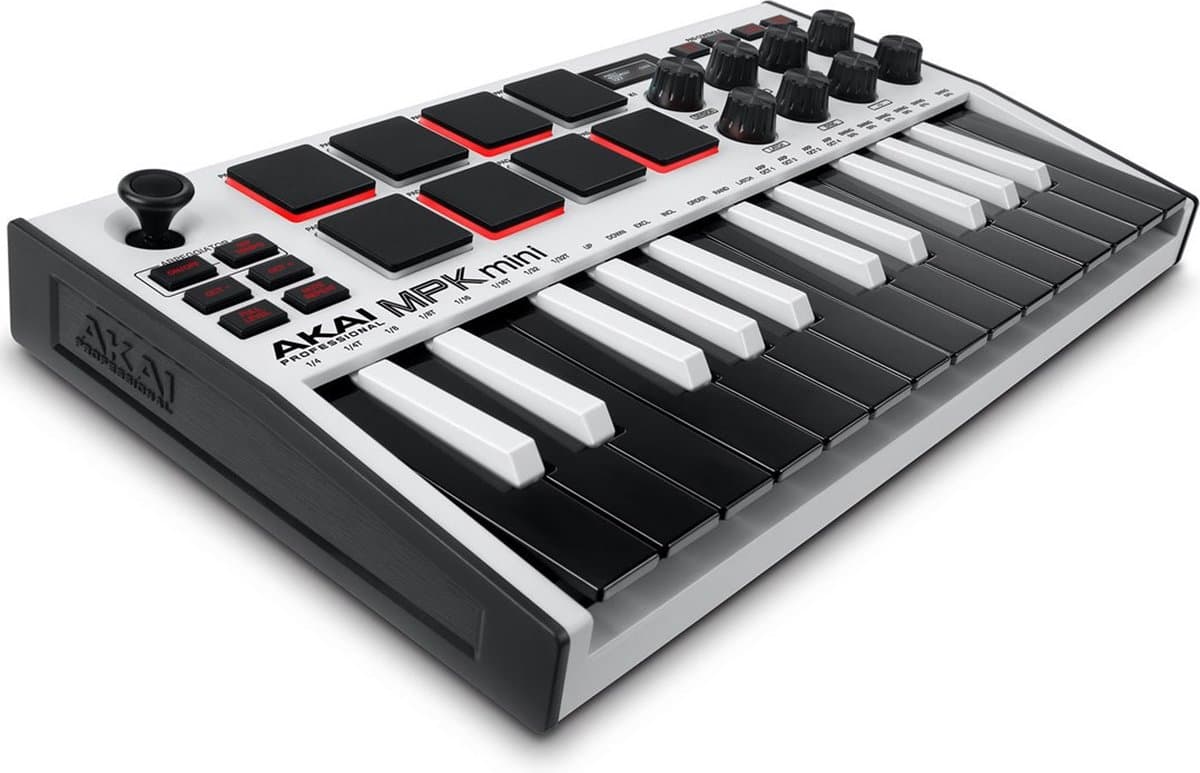 Akai Professional MPK Mini MK3 - 25 toetsen USB MIDI-keyboardcontroller met 8 verlichte drumpads, 8 knoppen, muziekproductiesoftware en Native Instruments Sound Package (NKS-integratie), Wit — afbeelding 1