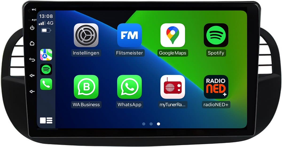 Carplay autoradio voor Fiat 500 Zwart | 2007 t/m 2015 | Android 13 | Draadloos Apple Carplay & Android auto | 2GB + 32GB | 8-Core processor | Davilon | 2025 model | 2007 2008 2009 2010 2011 2012 2013 2014 2015 | Bluetooth & Wifi — afbeelding 1