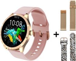 Belesy® BQSiRgPk Pro - Smartwatch Dames – Smartwatch Heren - Horloge - 1.28 inch - Kleurenscherm - Stappenteller - Bloeddruk - Hartslag - 75+ Wijzerplaten – Sporten – Goud – Siliconen – Roze – 2 extra polsbanden - Cadeau - Kerstcadeau
