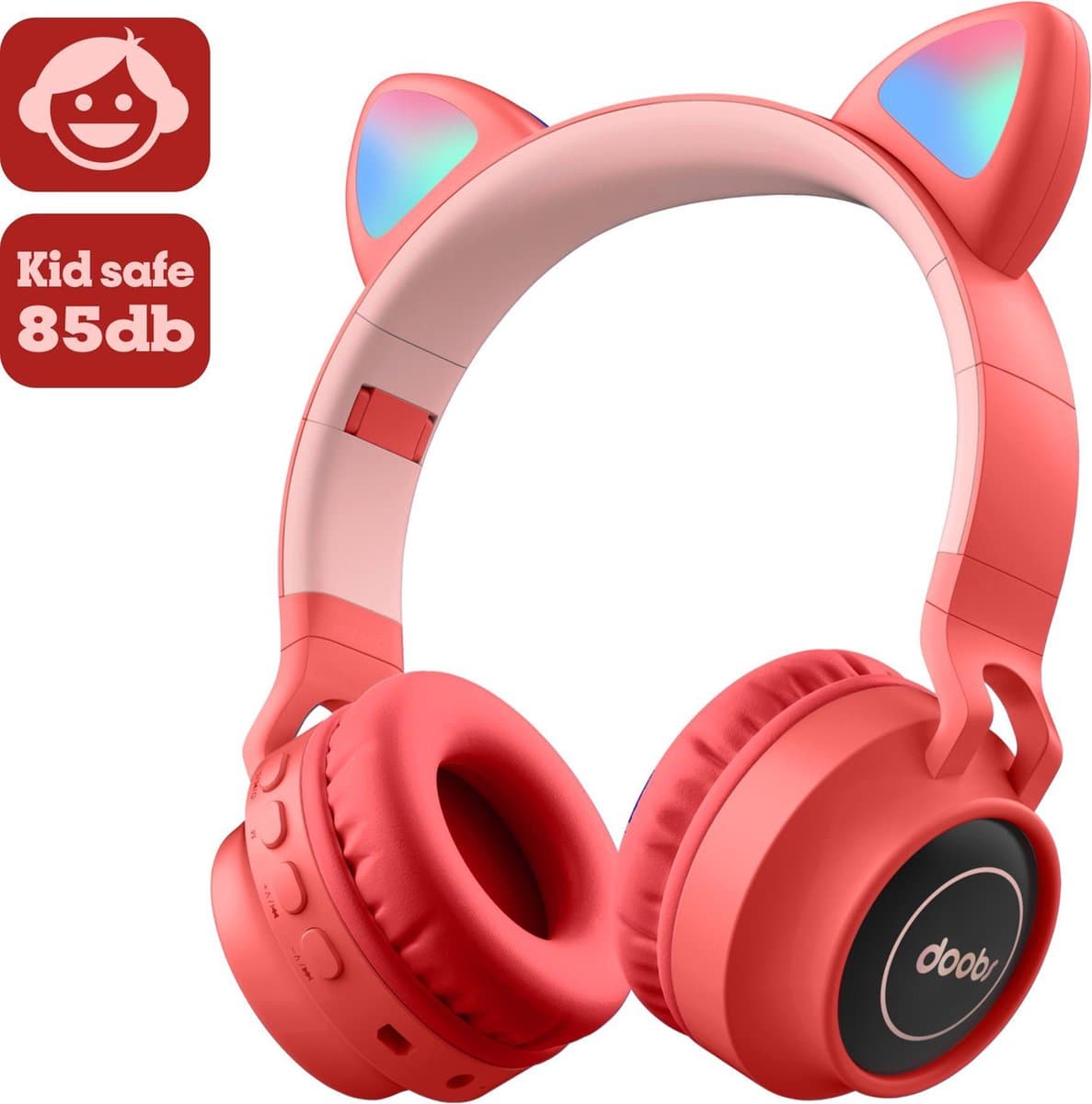 Kinder hoofdtelefoon DOBI by doobs - Draadloze koptelefoon Bluetooth met led kattenoortjes rood - KIDS - VOLUME BEGRENZING - 85DB — afbeelding 1