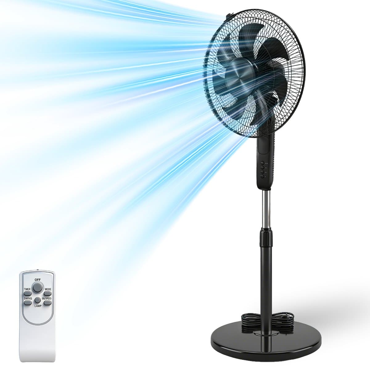 Staande ventilator 60W - Statiefventilator met 6 Snelheden - Vloerventilator met met Afstandsbediening - Ventilator in Hoogte Verstelbaar 110 tot 125 cm - Timer - Kantelbaar en Oscillerend - 53dB - Zwart — afbeelding 1