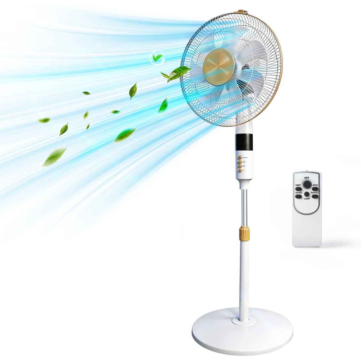 Staande ventilator 60W - Statiefventilator met 3 Snelheden - Vloerventilator met met Afstandsbediening - Stille Ventilator in Hoogte Verstelbaar 110 tot 125 cm - Timer - Kantelbaar en Oscillerend - 53dB - Wit — afbeelding 1