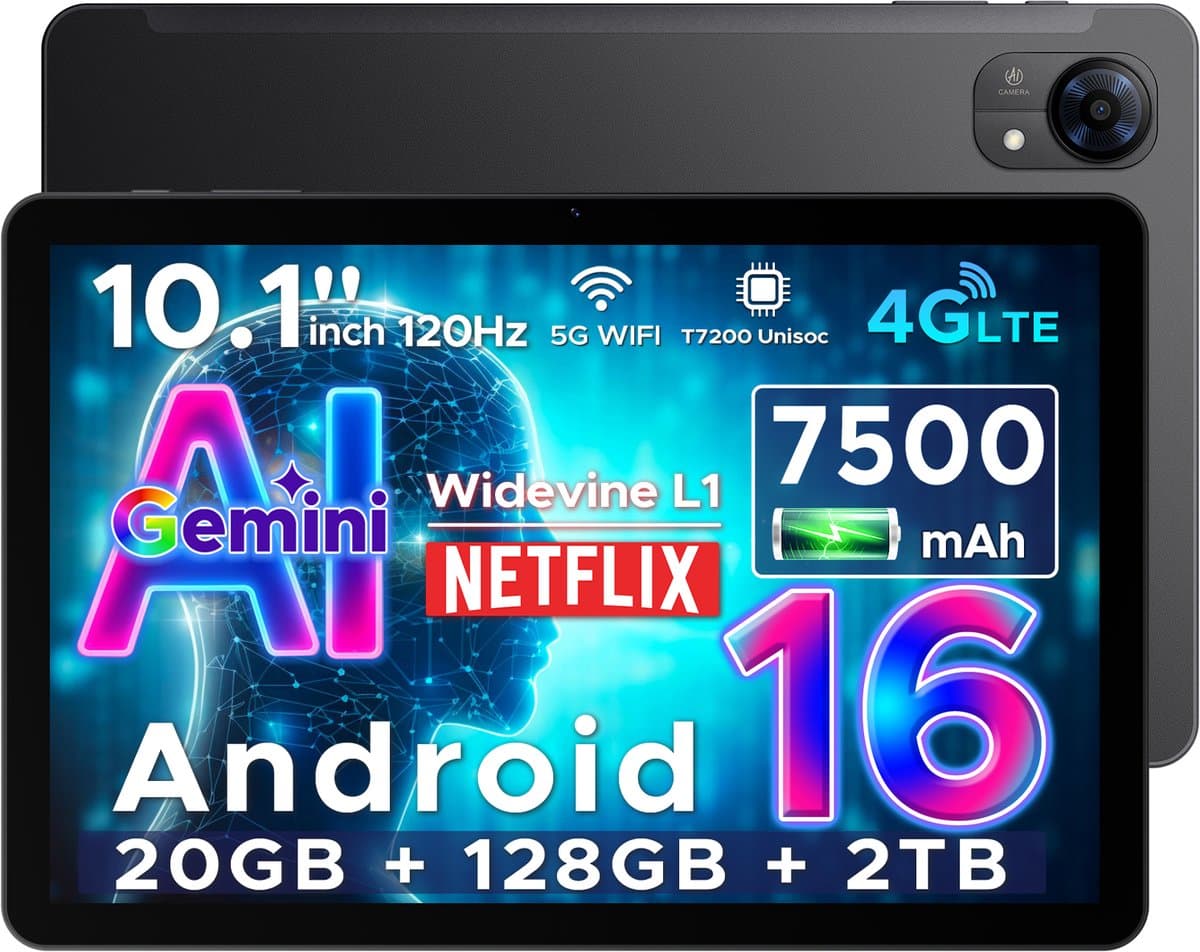 DOOGEE Tab G5 - Tablet - 20GB + 128GB (2TB TF) - 4G LTE - Android 16 - 10 inth 120Hz IPS HD - Unisoc T7200 - 7500mAh - 2 Lautsprecher - Widevine L1 - Face ID - GPS - Zwart — afbeelding 1
