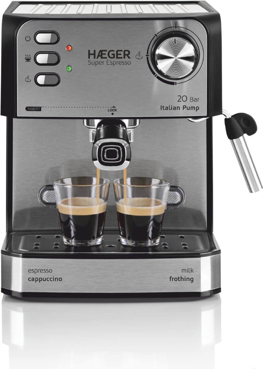 Haeger Super Espresso Pistonmachine - Espressomachine - 20 Bar - Koffiemachine Met Stoompijpje - Kopjesverwarmer - Coffee Machine - RVS - Zilver — afbeelding 1