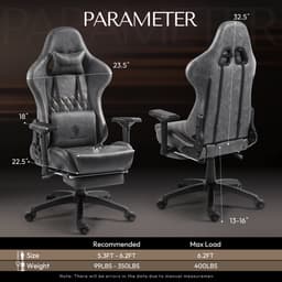 Dowinx luxe gamingstoel - ergonomische bureaustoel van leer met quilting - 4D armleuningen - massage lendensteun en voetensteun - verstelbaar van 90° tot 170° - belastbaar tot 200 kg - grijs — thumbnail 5