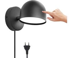 12W LED-wandlamp voor binnen met stekker, dimbare touch-wandlamp, 360° draaibare nachtlamp, 3000K warmwitte verstelbare leeslamp, geschikt voor woonkamer, slaapkamer, trappenhuis, gang, kantoor, zwart.
