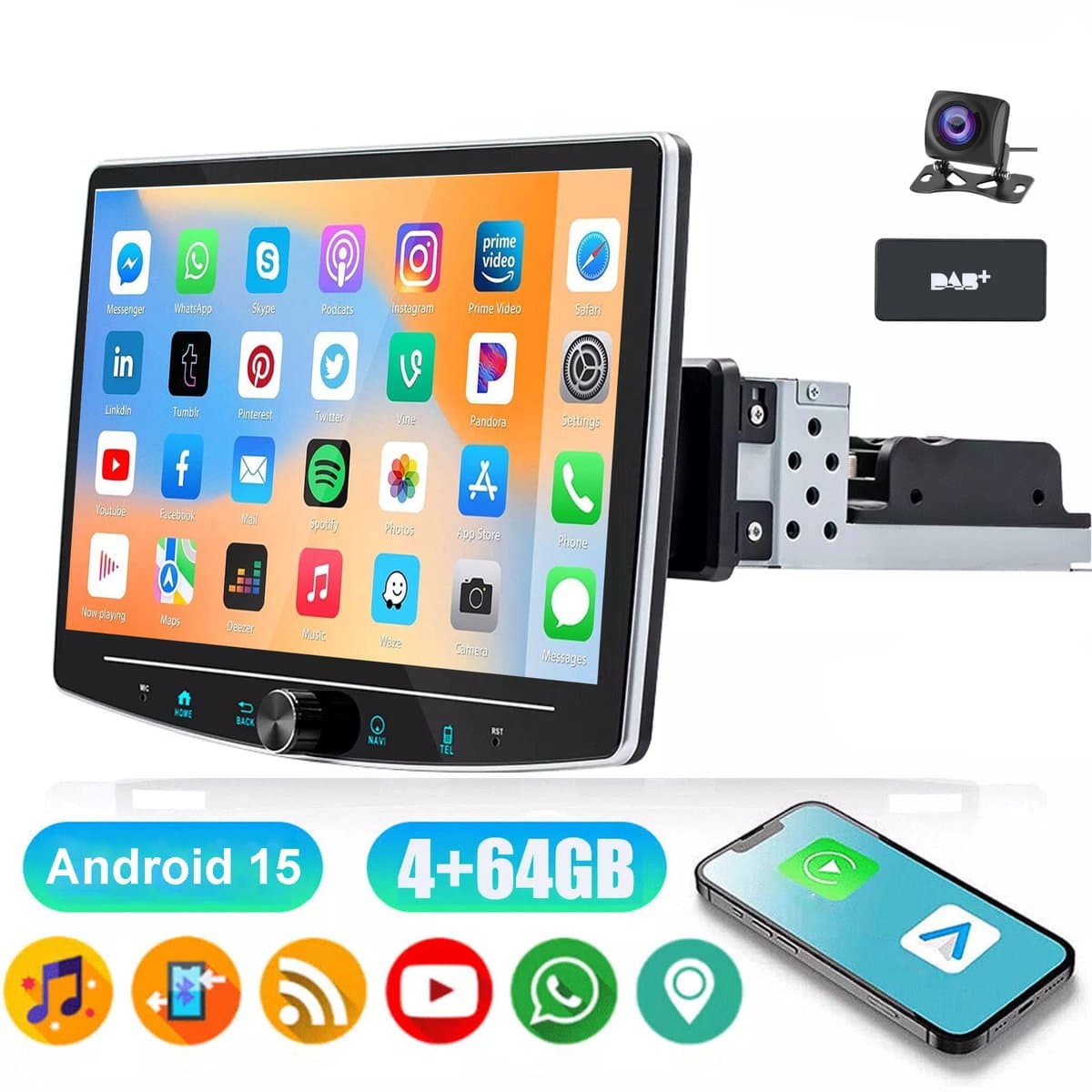 ESSGOO 1DIN Autoradio auto met 10,1 Inch 360° draaibaar scherm - DAB+ autoradio geschikt voor CarPlay en Android auto - Android 15 4 + 64 GB - Bluetooth FM RDS - multimediaspeler - AHD-achteruitrijcamera - microfoon — afbeelding 1