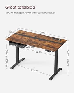 Elektrisch Zit-sta Bureau - Elektrisch Bureau verlichting en Geheugenfunctie - Bureau wielen - traploos verstelbaar - haak -60 x 120x (72-120) cm - Bruin - Zwart — thumbnail 5
