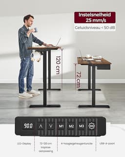 Elektrisch Zit-sta Bureau - Elektrisch Bureau verlichting en Geheugenfunctie - Bureau wielen - traploos verstelbaar - haak -60 x 120x (72-120) cm - Bruin - Zwart — thumbnail 3