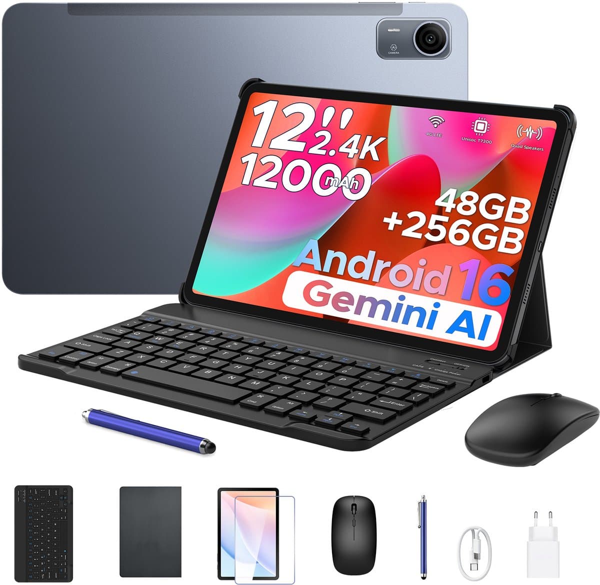 Aorlym P12 Pro - Tablet - 48GB RAM (12+36GB) + 256 GB ROM (2 TB/TF) - 12 Inch 2K 120Hz IPS - Android 16 - 12000mAh/18W - 4G LTE - Wi-Fi 5 - Bluetooth 5.0 - T7300 - Quad Speakers - Volledige accessoirebundel met toetsenbord en stylus — afbeelding 1