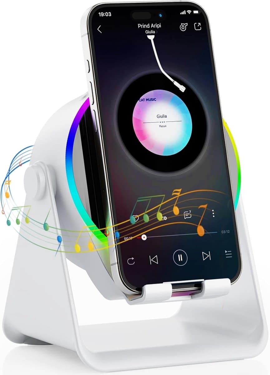 Kraftverdia - 5-in-1 Wireless Mini RGB Speaker - Telefoonhouder - Telefoonhouders Auto - Magnetisch - Bluetooth Speaker - Draadloze Oplader - Wireless charger - GSM Lader - 360° verstelbare houder voor iPhone/Android/iPad/Samsung - Cadeau — afbeelding 1