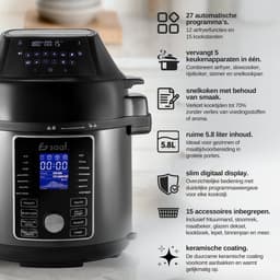Multicooker Airfryer - 5.8L - PFAS vrij - Slowcooker met timer - Rijstkoker met stomer - Airfryer - Stomer - Snelkookpan - Saaf — thumbnail 2