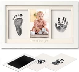Set met hand- en voetafdrukken van de baby, Inktkussen voor baby's, Herdenkingsfotolijstje, Kan worden neergezet of aan de muur worden gehangen, Wit. — thumbnail 1