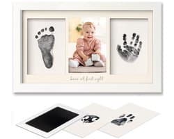 Set met hand- en voetafdrukken van de baby, Inktkussen voor baby's, Herdenkingsfotolijstje, Kan worden neergezet of aan de muur worden gehangen, Wit.