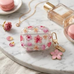 Transparant roze hoesje voor oordopjes dames met bloemen patroon en decoratieve hanger geschikt voor AirPods Pro 2 met ronde vorm en goudkleurige clip — thumbnail 2
