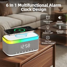 Namajunas - 5-in-1 Wireless LED Speaker - Draadloos - Bluetooth Speaker - 6 Ambient-lampen - Digitale klok, LED-display - Draadloze Muziek Box - Draadloze Oplader - Wireless charger - GSM Lader - voor iPhone/Android/iPad/Samsung - Cadeau — thumbnail 3